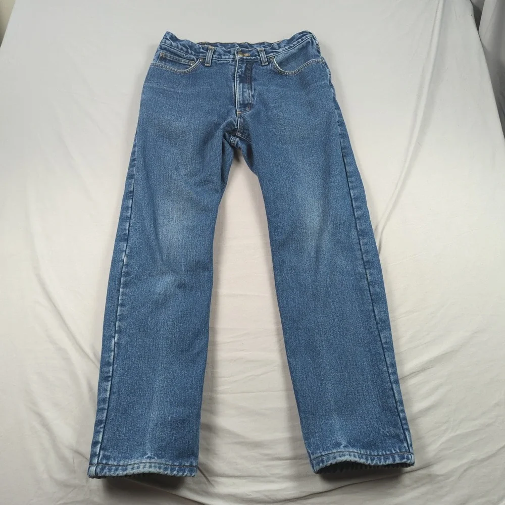 Lands End Jeans Mens 32x30 Blue Flannel Lined Plaid Outdoor Faded